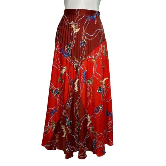 SANDRO Cowboy Boots Print Pleated Red Midi Skirt Size 1 US Small ($295) - Picture 2 of 13